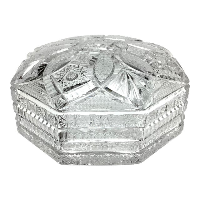 Vintage Large Eight Sided Cut Glass Dresser Box 8” in Diameter For Sale