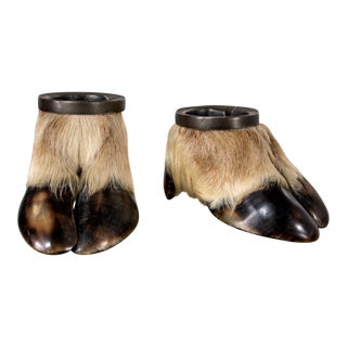 Vintage Taxidermy Caribou Hooves With Bronze Ash Tray Insert - A Pair For Sale