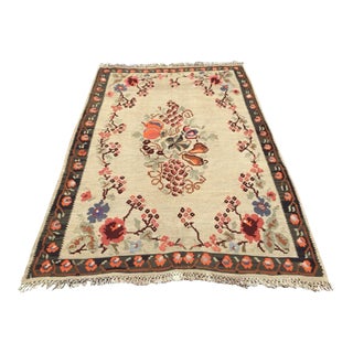 1960s Floral Turkish Handmade Kilim Rug - 68.5" X 99" For Sale