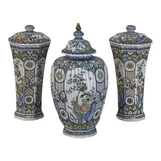 Set of Three Antique Boch Frères Keramis Hand-Painted Lidded Vases For Sale