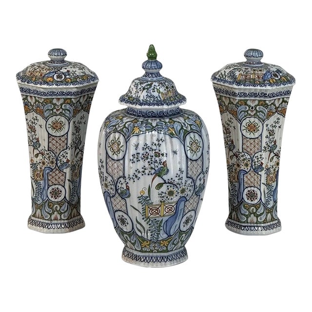 Set of Three Antique Boch Frères Keramis Hand-Painted Lidded Vases For Sale