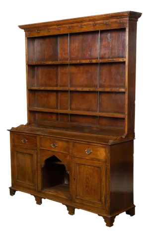 English 19th Century Oak Welsh Dresser with Open Shelves and Low Sideboard