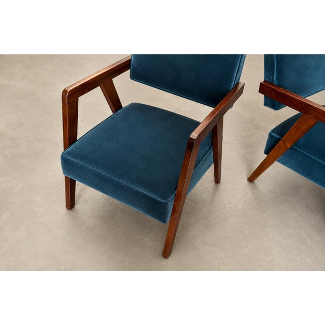Brazilian Modern Armchairs in Imbuia Wood and Deep Petrol-Blue Mohair, Brazil, 1950s For Sale - Image 14 of 18