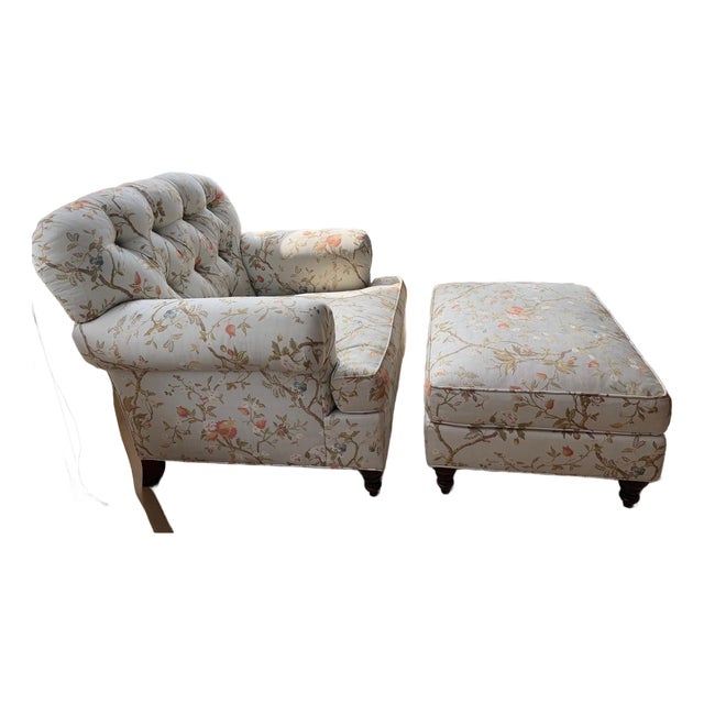 Custom Tufted Scalamandre Sky Blue Floral Lounge Chair and Ottoman Set For Sale