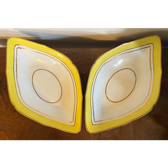 Derby Porcelain Large Antique Early 19th Century English George III Derby Porcelain Navette Shape Dishes With Yellow Border Circa 1800 - A Pair For Sale - Image 4 of 13