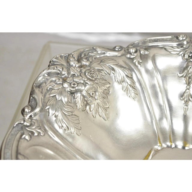 Vintage English Victorian Flower Rose Repousse Silver Plated Footed Oval Dish For Sale - Image 9 of 10