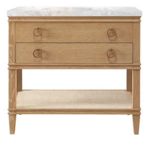 Matthew Izzo Home Cutler 36.5" Cerused Oak Single Porcelain Sink Bath Vanity With Cane Shelf, Marble Top, and Brass Hardware