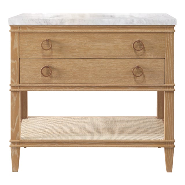 Matthew Izzo Home Cutler Cerused Oak Single Porcelain Sink Bath Vanity With Cane Shelf, Marble Top, and Brass Hardware For Sale