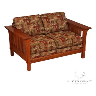 Bassett Furniture Mission Style Oak Spindle Settee For Sale