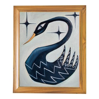 Tatiana Duperault Black Swan Original Oil Painting, Mid-Century Style, Teak Wood Frame For Sale