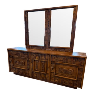 Mid 20th Century Lane Brutalist-Style Pueblo Dresser and Mirror For Sale