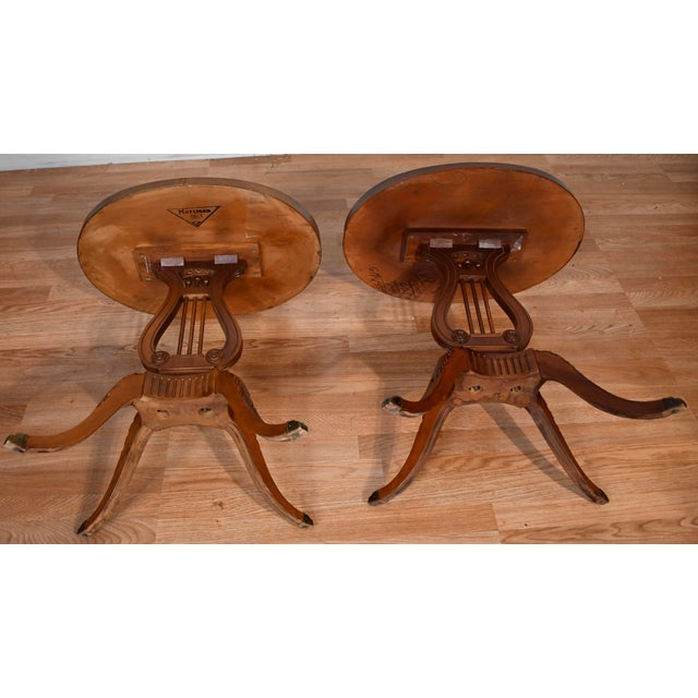 1940s Mersman Duncan Phyfe Style Mahogany Lyre Base Pair of Side Tables / End Tables For Sale - Image 14 of 15