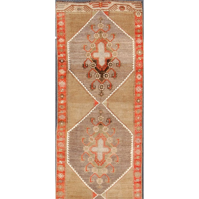 Turkish Colorful Vintage Turkish Runner With Diamond Medallions in Lt. Camel and Gray For Sale - Image 3 of 13