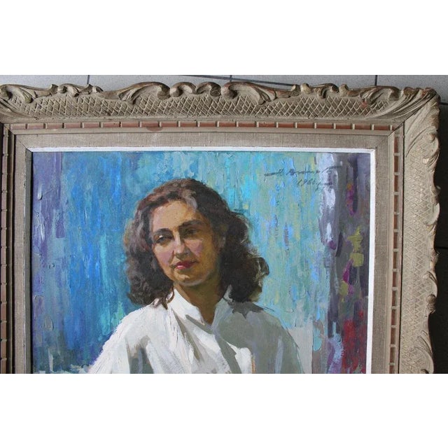 1960s Alfejs Bromults, Wife Portrait, Oil on Cardboard For Sale - Image 5 of 7