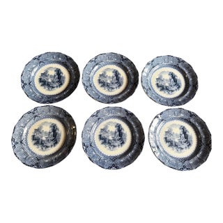 A Super Rare Set of 6 Antique Flow Black Ironstone Plates “Athens” by W. Adams, Circa 1850’s For Sale