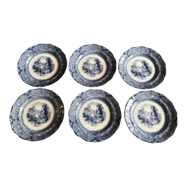 A Super Rare Set of 6 Antique Flow Black Ironstone Plates “Athens” by W. Adams, Circa 1850’s For Sale