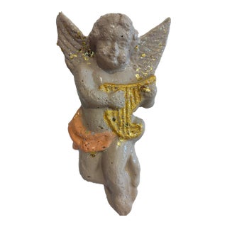 Vintage Chalkware Cherub Angel Wall Plaque With Harp For Sale
