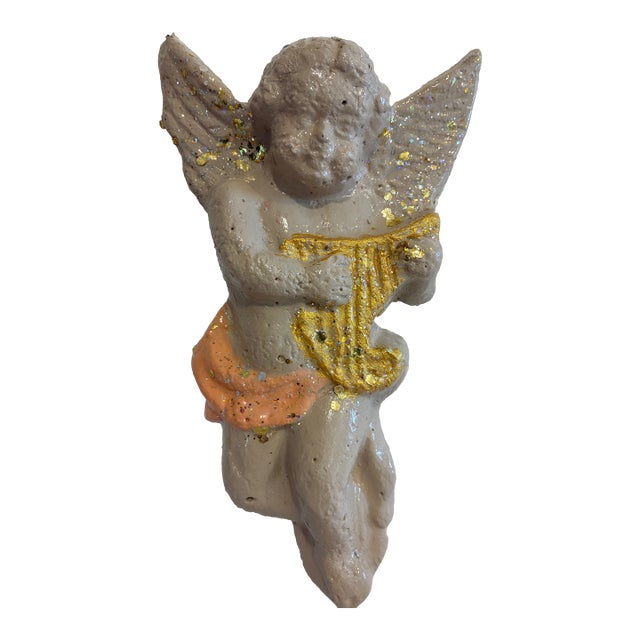 Vintage Chalkware Cherub Angel Wall Plaque With Harp For Sale