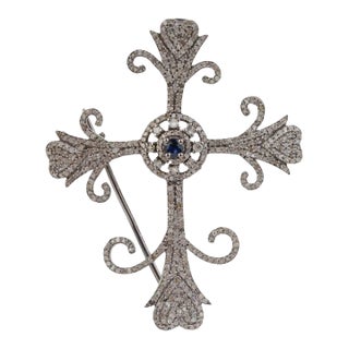 Artisan Crafted Fleur De Lis Cross Brooch Pendant in 925 Sterling Silver For Sale