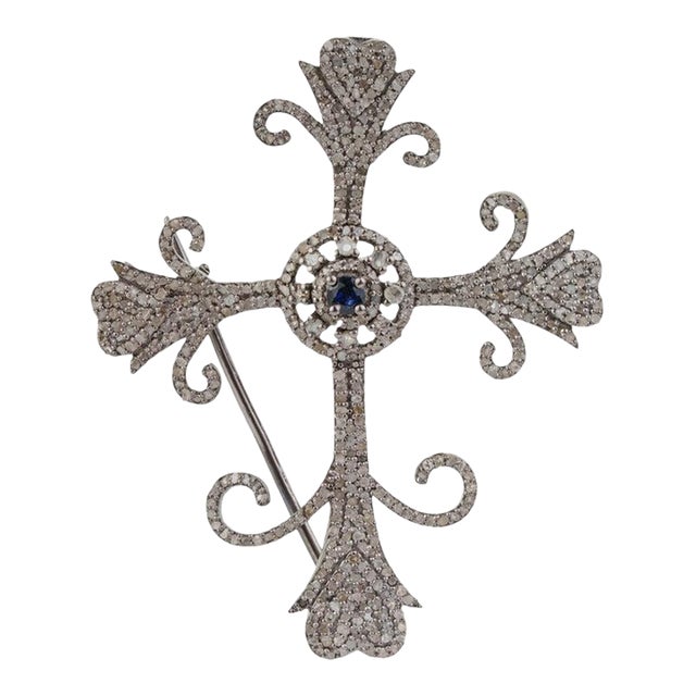 Artisan Crafted Fleur De Lis Cross Brooch Pendant in 925 Sterling Silver For Sale