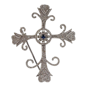 Artisan Crafted Fleur De Lis Cross Brooch Pendant in 925 Sterling Silver