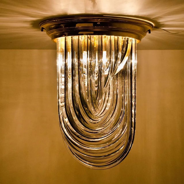 Brass and Curve Glass Flush Mount with Black Stripe from Venini, 1960s For Sale - Image 3 of 16