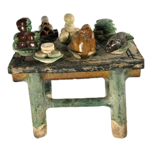 Painted Pottery Altar Table With Food and Wine Offerings From the Ming Dynasty - 8 Piece Set