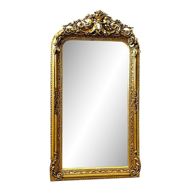 French Style Gold Floral Floor Mirror – 5 Ft Tall Statement Mirror With Gold Leaf and Angel Details For Sale