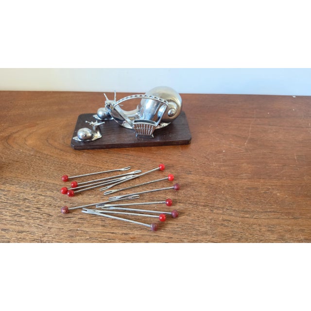 Chrome Vintage Snail Cocktail Pick Holder Mid Century Barware Chrome Snail Toothpick Holder Atomic Era Martini Olive Picks For Sale - Image 8 of 9