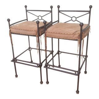 Western Themed Patinated Bar Stools - A Pair For Sale