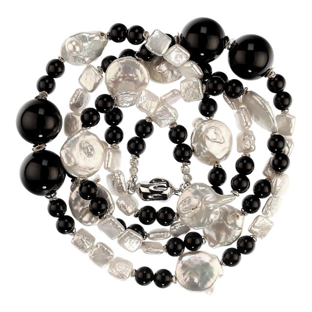 Black and White Pearl and Onyx Necklace For Sale