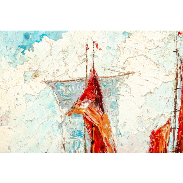 Mid-Century Modern Mid-Century Modern Palette Knife Oil Marine Painting Twin Red Sailboats For Sale - Image 3 of 6