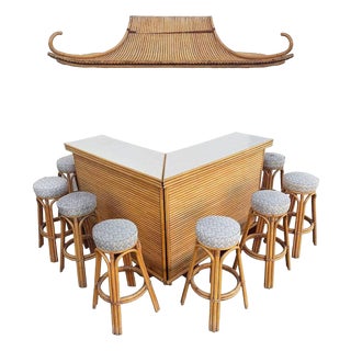 1940s Mid-Century James Mount Style Stacked Rattan Corner Bar W/ Asian Xie Shan Roof For Sale