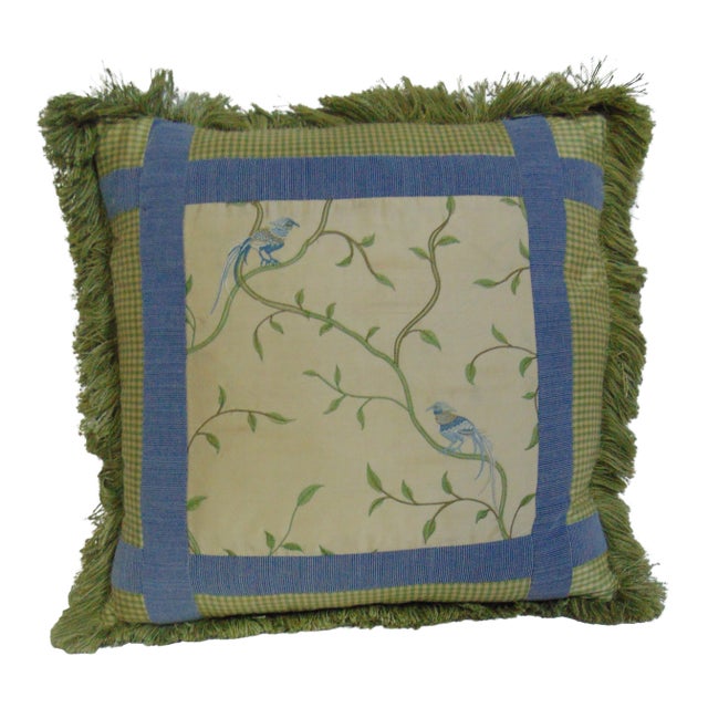 Bird Embroidered Blue & Green Pillow For Sale