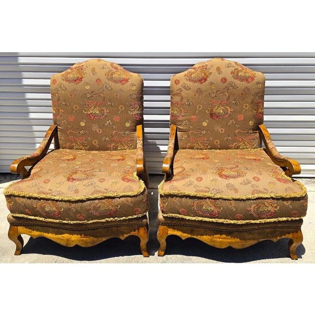 French Bergère Armchairs Chinoiserie Fabric Down Cushions by Classics Furniture For Sale - Image 10 of 15