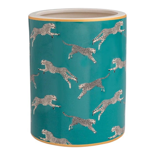 Scalamandre Maison by Port 68 Leaping Cheetah Teal Ice Bucket For Sale