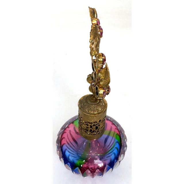 Gold Hollywood Regency Jeweled Rainbow Cut Crystal Atomizer Perfume Bottle, Bohemia For Sale - Image 8 of 18