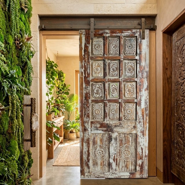 Vintage Blue Carved Barn Door – Rustic Handcrafted Wooden Hinged Door With Distressed Finish For Sale - Image 9 of 9