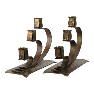 Pair E. T. C. Fish Attr. Arts & Crafts Hammered Brass 3-Light Candelabra For Sale