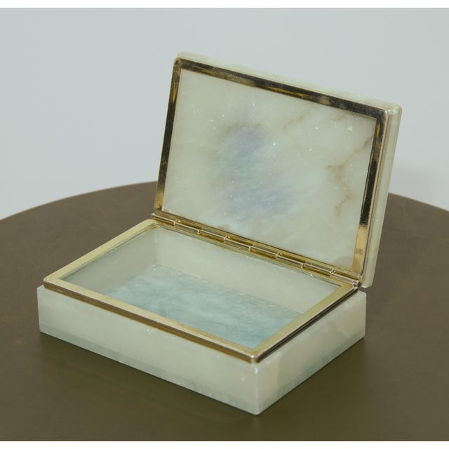Mid 20th Century Hand Painted Morning Glory Flower Italian Carved Alabaster Box With Brass Trim, Mid Century For Sale - Image 5 of 7