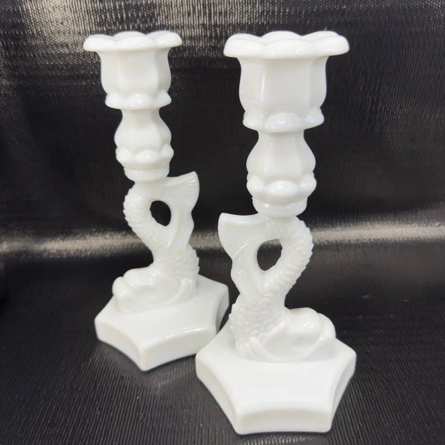 Mid-Century Modern Vintage Westmoreland White Milk Glass Dolphin Serpent Koi Fish Candlesticks-Set of 2 For Sale - Image 3 of 7