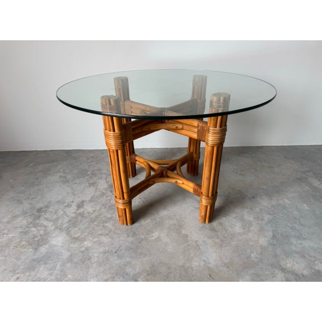 Vintage Coastal Rattan Dining Table With Round Glass Top For Sale - Image 9 of 12