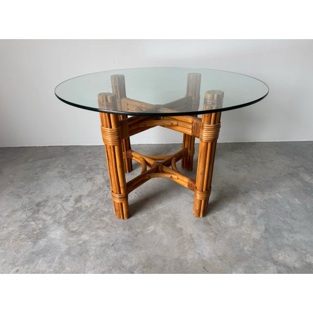 Vintage Coastal Rattan Dining Table With Round Glass Top/ Sold For Sale - Image 9 of 12