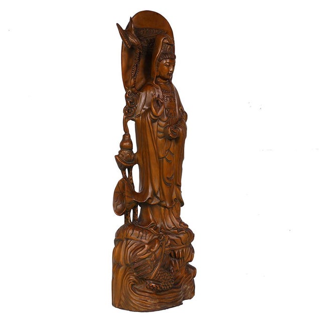 Chinese Carved Guan Yin Statuary, Boxwood, Antique, Circa 1900-1940 For Sale - Image 4 of 11