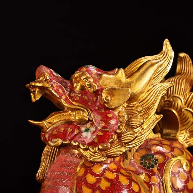 Metal Mid 20th Century Pair of Gilt Cloisonne Enamel Qilin Figures – 7.9" Mythical Beast Statues For Sale - Image 7 of 9