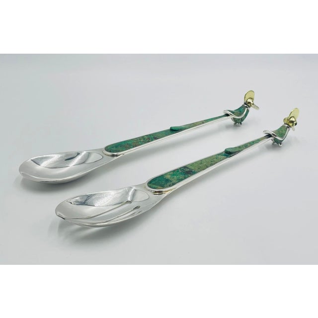 1980s Emilia Castillo for Los Castillo Silver-Plated & Malachite Bird Serving Utensils For Sale - Image 9 of 15