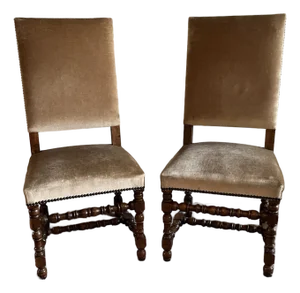 2 Vintage Italian Velvet High-Back Chairs, Baroque Reproductions With Decorative Turned Woodwork - W & J Sloane