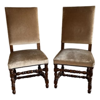 Italian Velvet High-Back Chairs Baroque Revival W/Decorative Turned Woodwork Vintage W & J Sloane - A Pair For Sale