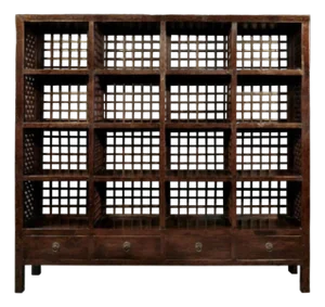 Antique Chinese Elm Lattice Bookcase Cabinet, 19th Century – Scholar’s Display Cabinet