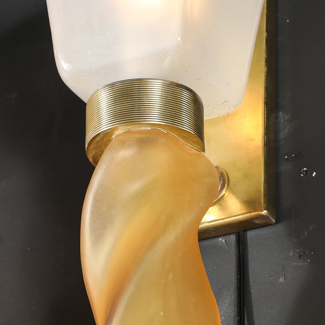 Metal Mid-Century Hand-Blown Murano Frosted Glass Sconces With Spiral Amber Drop For Sale - Image 7 of 18